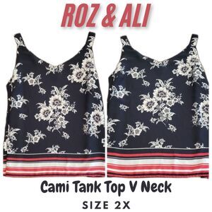 Roz & Ali Women Cami Tank Top V Neck Floral Print Black Size 2X